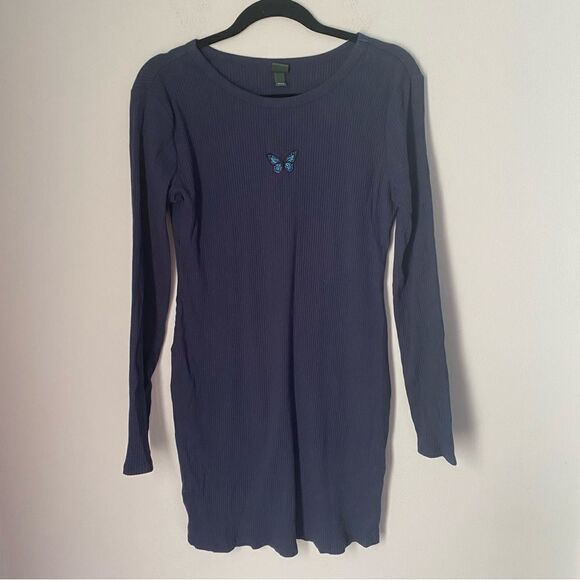 Wild Fable Women’s Long Sleeve Ribbed Mini Bodycon Blue Crew Neck Dress - Picture 1 of 3